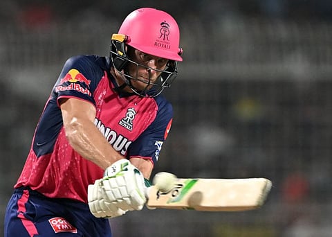 Rajasthan Royals' Jos Buttler plays a switch hit during the Indian Premier League match against Kolkata Knight Riders at the Eden Gardens in Kolkata on Tuesday.