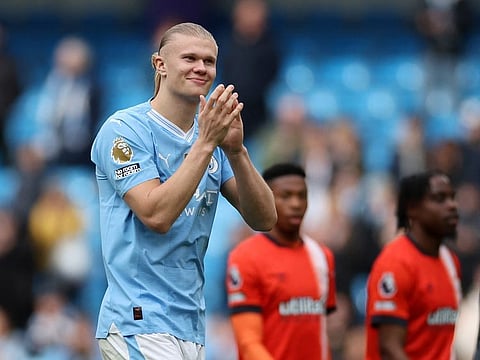 Manchester City's Erling Braut Haaland celebrates after the match. The Norwegian striker will be eager to show his class against Real Madrid.