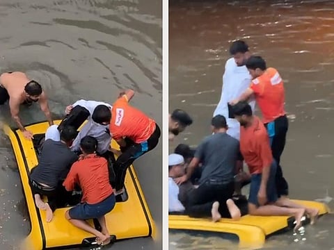 Combo photos showing heroics of some youngsters rescuing a motorist after breaking the sunroof of the vehicle on a flooded road in Abu Dhabi.