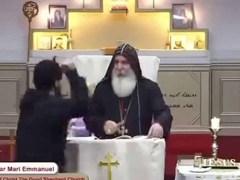 A still image from social media livestream video showing the attacker approaches Bishop Mar Mari Emmanuel during a church service at Christ The Good Shepherd Church in Wakeley, Sydney, Australia