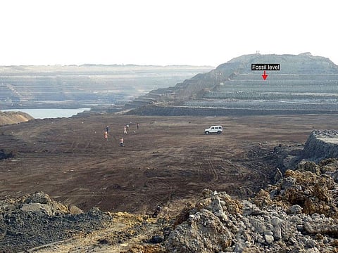 An undated picture of panoramic view of Panandhro Lightnite Mine, Kutch, Gujarat, India, showing the fossiliferous level (red arrow) where the remains of the prehistoric snake Vasuki indicus.
