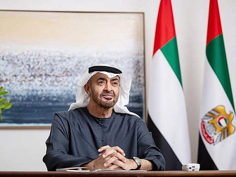 His Highness Sheikh Mohamed bin Zayed Al Nahyan, President of the United Arab Emirates, virtually witnesses the signing of the UAE-Colombia Comprehensive Economic Partnership Agreement (CEPA), from Shati Palace, Abu Dhabi.