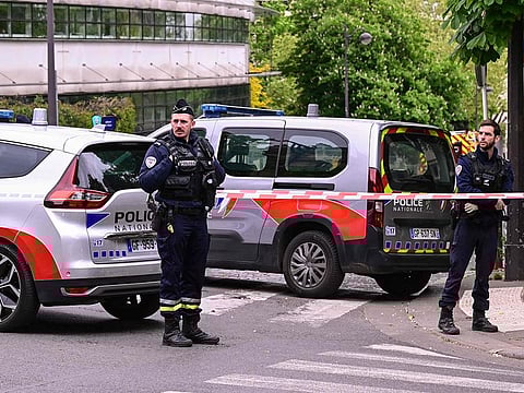French police officers take part in a security drill near the consulate of Iran in Paris, as a person was suspected of entering the building with explosives, on April 19, 2024.