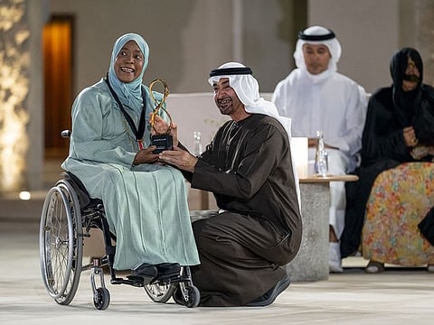 UAE President His Highness Sheikh Mohamed bin Zayed Al Nahyan presents an Abu Dhabi Award to Klaithem Obaid Al Matrooshi, during the Abu Dhabi awards ceremony at Qasr Al Hosn.