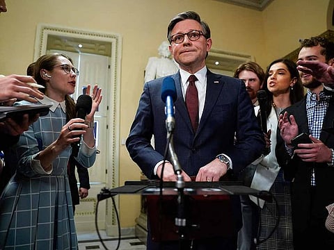 US Speaker of the House Mike Johnson speaks to the press after the House passed a major aid package for Ukraine, Israel, and Taiwan and also voted to ban TikTok at the US Capitol in Washington, DC, on April 20, 2024.