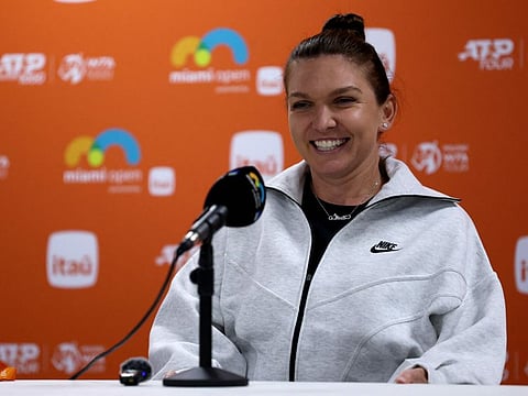 Simona Halep of Romania speaks to the media after a 6-1, 4-6, 3-6 loss to Paula Bados at the Miami Open at Hard Rock Stadium on March 19.