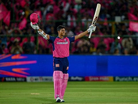 Rajasthan Royals' Yashasvi Jaiswal celebrates his century during the Indian Premier League match against Mumbai Indians at the Sawai Mansingh Stadium in Jaipur on Monday.