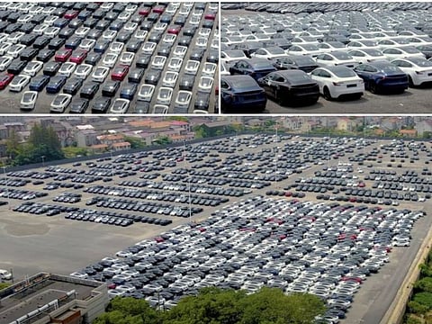 Still shots from a video by Shanghai drone video operator "Wu Wa" show Tesla EVs being prepared for shipment outside of China in September 2023.