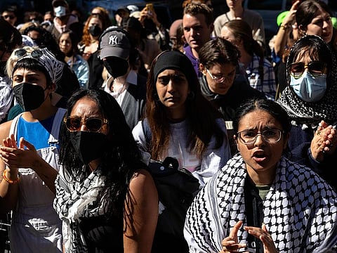 New York University students set up a "Liberated Zone" tent encampment in Gould Plaza at NYU Stern School of Business on April 22, 2024 in New York City.