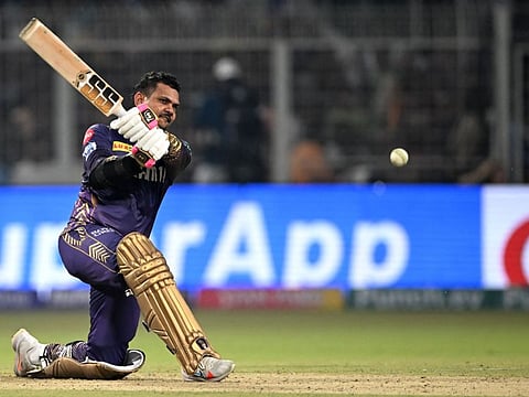 Kolkata Knight Riders' Sunil Narine plays a shot during the Indian Premier League match against Rajasthan Royals at the Eden Gardens.