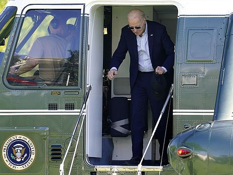 US President Joe Biden disembarks from Marine One on the South Lawn of the White House in Washington, DC, US, on Monday, April 22, 2024.