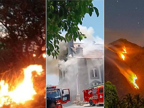 From left: A forest fire in Ilocos Norte, smoke engulfs the St. Ferdinand Parish church in Ilagan City in Isabela Province, and a grass fire in Mt Asog, near Iriga City in Camerines Sur.