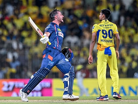 Lucknow Super Giants' Marcus Stoinis celebrates after his team's win at the end of the Indian Premier League match against Chennai Super Kings at the MA Chidambaram Stadium in Chennai on Tuesday.