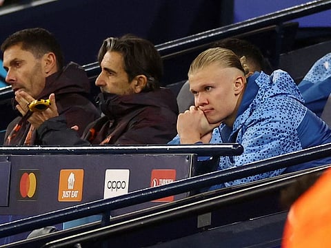 Manchester City's Erling Braut Haaland is seen on the bench during a Champions League quarter-final second leg match against Real Madrid at Etihad Stadium on April 17.