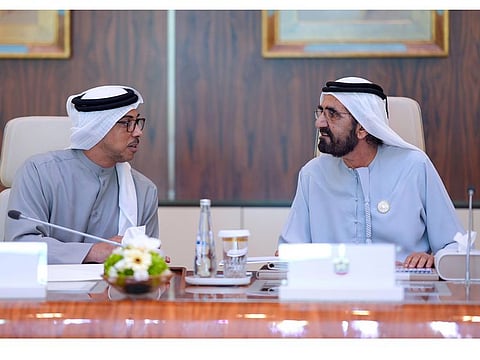 His Highness Sheikh Mohammed bin Rashid Al Maktroum, Vice President and Prime Minister of the UAE and Ruler of Dubai, with Sheikh Mansour bin Zayed Al Nahyan, Vice President, Deputy Prime Minister and Chairman of the Presidential Court, during the Cabinet meeting at Qasr Al Watan in Abu Dhabi on Wednesday