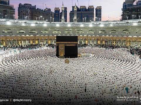 Umrah pilgrims at the courtyard around the Holy Kaaba at the Grand Mosque in Ramadan.