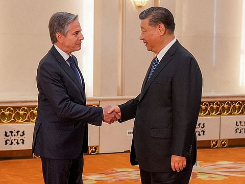 US Secretary of State Antony Blinken meets with Chinese President Xi Jinping at the Great Hall of the People, in Beijing, China, April 26, 2024.