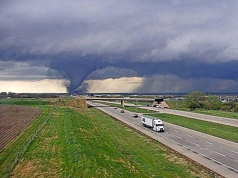 A tornado crossing Interstate Highway 80 near Waverly, Nebraska.