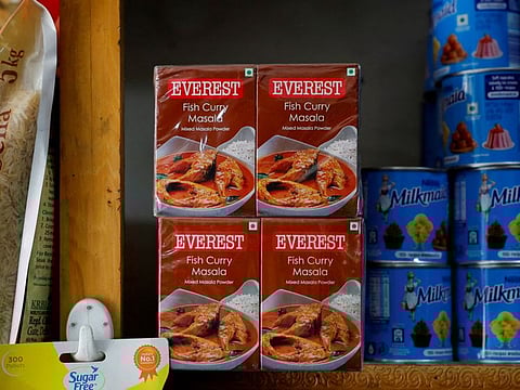 Boxes of Everest fish curry masala are stacked on the shelf of a shop at a market in Srinagar. Reuters on Saturday reported the US Food and Drug Administration was gathering information on products of MDH and Everest.
