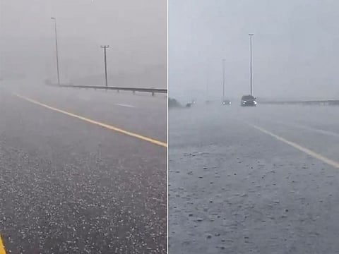 Heavy rain and hail hit some areas of Ras Al Khaimah on Monday.
