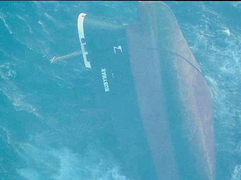 The UK-owned vessel Rubymar, which had sunk in the Red Sea after being struck by an anti-ship ballistic missile fired by Yemeni Houthi militants, is seen in this aerial view released on March 3, 2024.