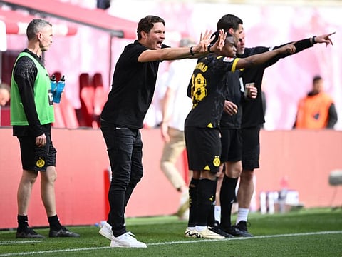 Borussia Dortmund coach Edin Terzic reacts during a Bundesliga match against RB Leipzig at Red Bull Arena, Leipzig, on April 27.