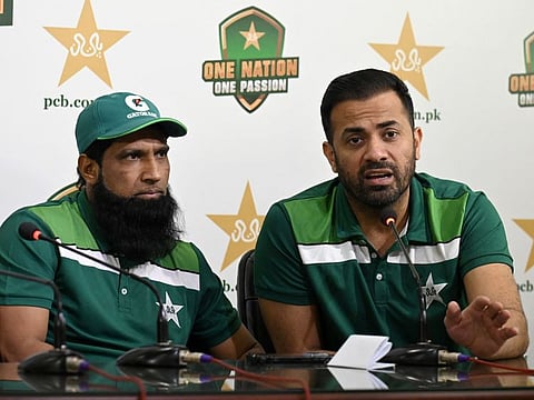 Selectors for Pakistans cricket team Wahab Riaz (right) and Mohammad Yousuf announce the squad for the upcoming Twenty20 international series in Ireland and England later this month during a press conference in Lahore on Thursday.