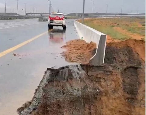 The portion of the road that caved in due to heavy rains in Ras Al Khaimah on Thursday.