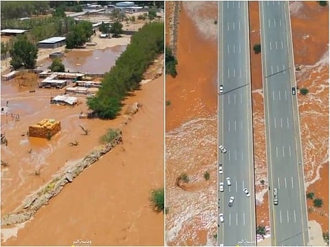 Videos circulating on social media show powerful flooding purportedly sweeping across the Fatma Wadi in Al Jumum Governorate north of Mecca in western Saudi Arabia.