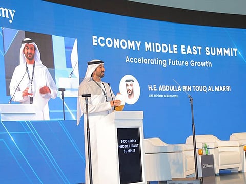 Abdulla bin Touq Al Marri, UAE Minister of Economy, delivers keynote address at The Economy Middle East Summit 2024.