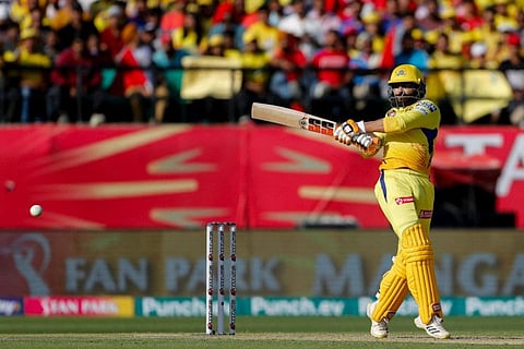 Chennai Super Kings' Ravindra Jadeja pulls one to the fence during the Indian Premier League (IPL) Twenty20 cricket match against Punjab Kings at the Himachal Pradesh Cricket Association Stadium in Dharamsala on Sunday.