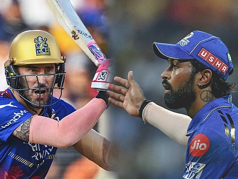 Royal Challengers Bengaluru captain Faf fu Plessis (left) and Mumbai Indians captain Hardik Pandya. Du Plessis’ brilliant batting kept alive RCB’s playoff hopes, while Pandya’s woes deepened as Mumbai’s chances faded with the loss to Kolkata Knight Riders.