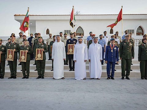 Sheikh Hamdan engaged with military leaders and retired service personnel, and extended his congratulations to military and civilian recipients of armed forces medals given to them in recognition of their contributions to various operations.