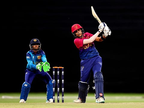 UAE skipper Esha Oza in action during the ICC Women's T20 World Cup Qualifier 2024 semi-final match against Sri Lanka at Zayed Cricket Stadium in Abu Dhabi on Sunday.