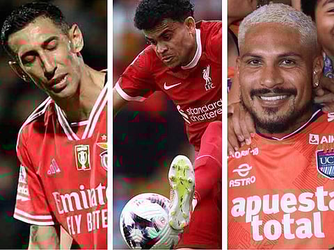 From left: A combination photo of Argentina’s Angel Di Maria, Columbian Luis Diaz and Peruvian striker Paolo Guerrero