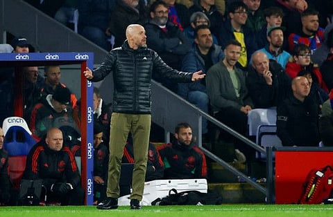 Manchester United manager Erik ten Hag reacts during a Premier League match against Crystal Palace.