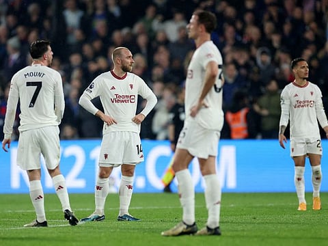 Manchester United's Christian Eriksen and teammates look dejected after Crystal Palace's Jean-Philippe Mateta scores their second goal during a Premier League match at Selhurst Park, London, on Monday.