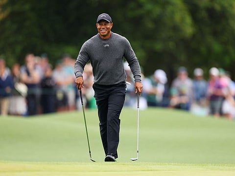 Tiger Woods of the United States reacts on the eighth hole during a practice round prior to the 2024 Masters Tournament at Augusta National Golf Club on April 9.