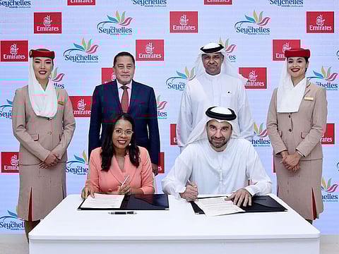 Ahmed Khoory (seated, right) and Sherin Francis, Principal Secretary Tourism Department, Tourism Seychelles, in the presence of Nabil Sultan, Emirates’ Executive Vice President, Passenger Sales and Country Management.