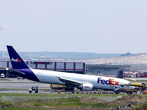 A general view of a FedEx Airlines Boeing 767 BA.N cargo plane, that landed at Istanbul Airport on Wednesday without deploying its front landing gear but managed to stay on the runway and avoid casualties, on a runway in Istanbul, Turkey, May 8, 2024.