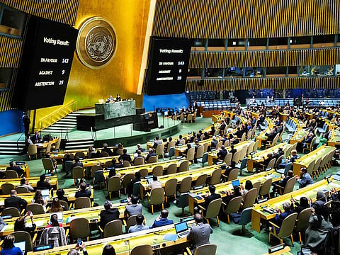 The results of a vote on a resolution for the UN Security Council to reconsider and support the full membership of Palestine into the United Nations is displayed during a special session of the UN General Assembly, at UN headquarters in New York City on May 10, 2024.