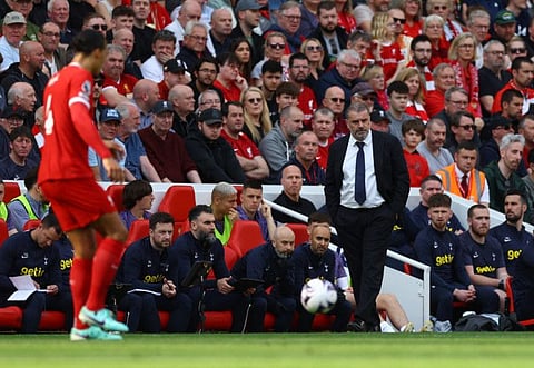 Tottenham Hotspur manager Ange Postecoglou reacts during a Premier League match against Liverpool at Anfield on May 5.