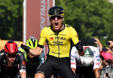 Team Visma | Lease a Bike's Olav Kooij celebrates winning stage 9 of Giro d'Italia on Sunday.