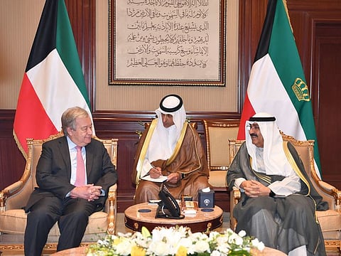 Emir of Kuwait Sheikh Meshal Al Ahmad Al Jaber Al Sabah (right) met UN Secretary-General Antonio Guterres at Bayan palace in Kuwait City on May 12. (Photo by KUNA / AFP) / === RESTRICTED TO EDITORIAL USE - MANDATORY CREDIT "AFP PHOTO / HO / KUNA" - NO MARKETING NO ADVERTISING CAMPAIGNS - DISTRIBUTED AS A SERVICE TO CLIENTS ===