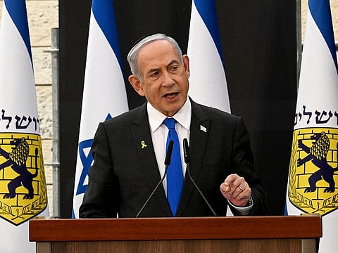 Israeli Prime Minister Benjamin Netanyahu speaks at a ceremony in Jerusalem, May 12, 2024