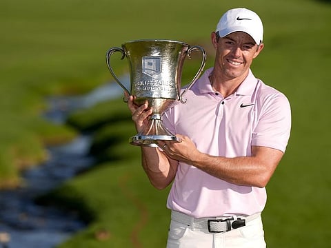 Rory McIlroy celebrates his fourth victory at the Wells Fargo Championship