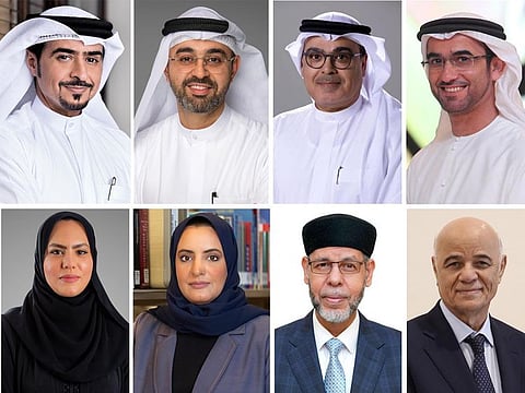 (clockwise from top left to right) Ahmed bin Rakkad Al Ameri, Khalid Jasim Al Midfa, Dr Abdul Aziz Al Musallam, Dr Sultan Al Amimi, Hamid Al Naimiy, Dr Mohamed Safi Al Mosteghanemi, Marwa Al Aqroubi, and Aisha Rashid Dimas