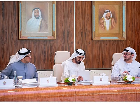 His Highness Sheikh Mohammed bin Rashid Al Maktoum, Vice President and Prime Minister of the UAE and Ruler of Dubai, chairing the Cabinet meeting in Abu Dhabi on Wednesday. Also present are Sheikh Mansour bin Zayed Al Nahyan (left), Vice President, Deputy Prime Minister and Chairman of the Presidential Court, and Mohammad Abdullah Al Gergawi,  Minister of Cabinet Affairs