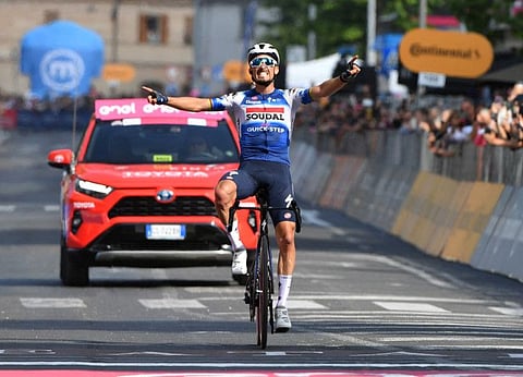 Soudal Quick-Step's Julian Alaphilippe celebrates after winning Giro d'Italia Stage 12 on Thursday.