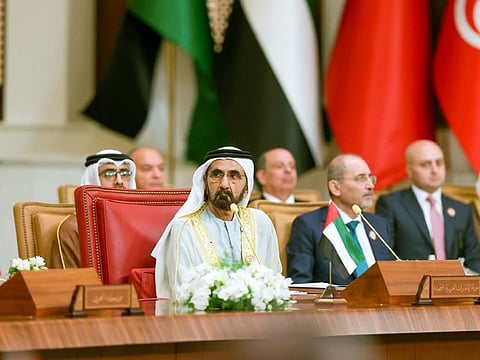 His Highness Sheikh Mohammed Bin Rashid Al Maktoum, Vice-President and Prime Minister of the UAE and Ruler of Dubai, at the Arab League Summit in Manama, on May 16, 2024. Sheikh Mohammed is accompanied to the summit by Sheikh Mansour bin Zayed Al Nahyan, Vice-President, Deputy Prime Minister and Chairman of the Presidential Court, other sheikhs and senior officials.